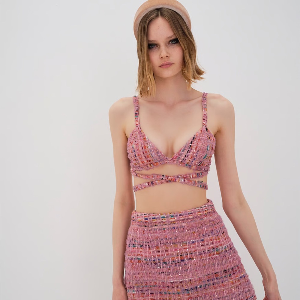 NWT For Love & Lemons Dionne Bra Top Festival Top Sz M & L Dusty Rose Multi